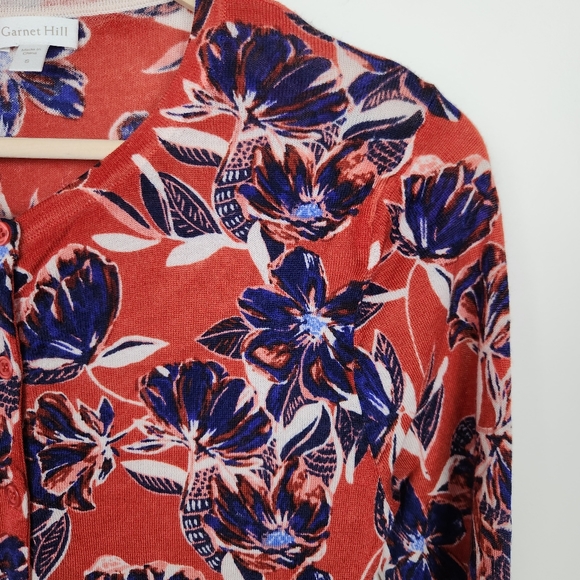 Garnet Hill Orange Blue Floral Merino Wool Button Front Cardigan Sweater Sz S - Picture 2 of 8